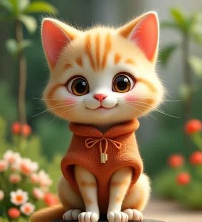 Imagine a lifelike kitty, Its features are humorously exaggerated，Extra large, Wearing cute clothes，Bright eyes and curiosity, Smile. Puppy&#39;s front view,Smiling kitty，Disney style， Capturing Natural Textures, Although its little claws are slightly larger, More lovely. The background is a simple garden, The focus is on natural colors and some greenery, Creat