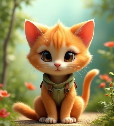 Imagine a lifelike kitty, Its features are humorously exaggerated,Extra large, Wearing cute clothes,Bright eyes and curiosity, Smile. Puppy's front view,Smiling kitty,Disney style, Capturing Natural Textures, Although its little claws are slightly larger, More lovely. The background is a simple garden, The focus is on natural colors and some greenery, Creat