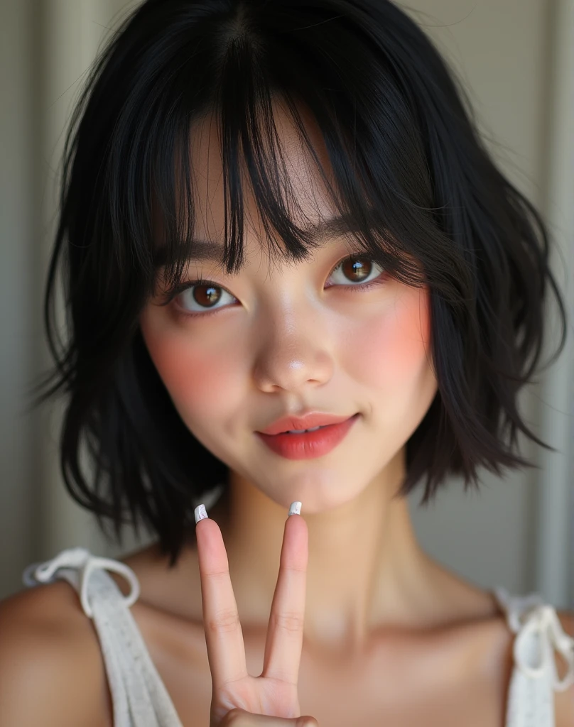 RAW photo, best quality, masterpiece, photorealistic, Polish girl, 20 years old, black hair, short bob cut, hair in 7 thirds, hair over one ear, Symmetrical eyes, solo, Detailed Skin, Detailed face, Big Breasts, rip gloss, blush, Eyes closed, sideways peace sign, smiling, inside a beauty salon, wet hair, close-up of face, summer clothes