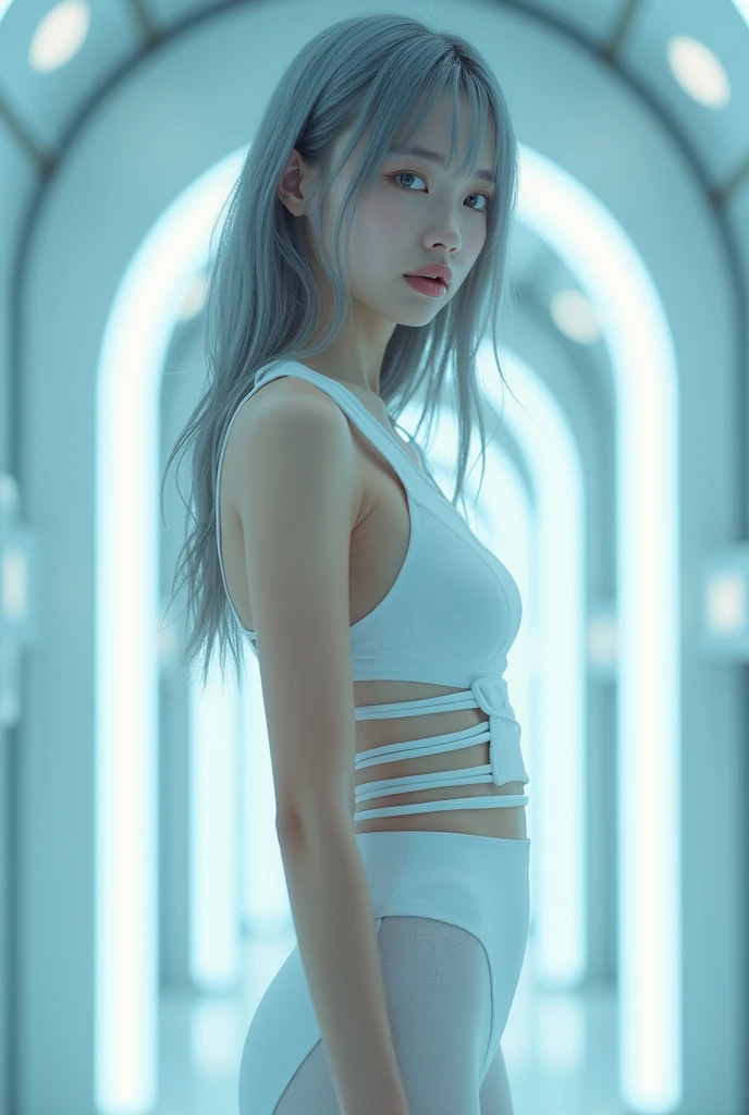 masterpiece, Highest quality, Ultra-realistic, Avant-garde, A mysterious and sophisticated young Japanese fashion model with blue eyes、She wears futuristic and very sexy fashion.. She stands and captivates the audience., Angle from below、Her whole body is in the frame. She is wearing a simple girly white mini dress made of smooth see-through material.。The dress is designed with multiple stretchy white LED harnesses.、Adds a minimalist aesthetic。 She wears futuristic accessories、Wearing technical sneakers. Her manner exudes harmony and striking simplicity.. Very small head and face, Happy, Wide duck mouth, Mouth half open, Large, perfectly aligned teeth, Perfect beautiful front teeth, Bright Blue Eyes, Half-open eyes, Shiny droopy eyes, Gray Hair, Look for others, She is located inside a futuristic colony, break (Very small waist:1.2), (Very large breasts, Cleavage without gaps, Bold exposure、Very big ass:1.5),