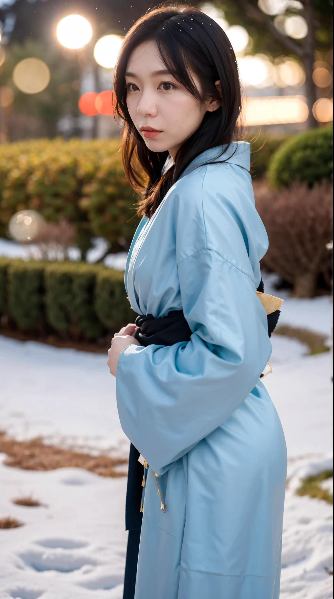 (masterpiece, best quality:1.2), 1girl, 35yo, solo, thick body, wearing Japanese kimono dress, ParewaFace, (cam from side), standing against snow city, blurry background, depth of field, ((bokeh)), (snow falling)