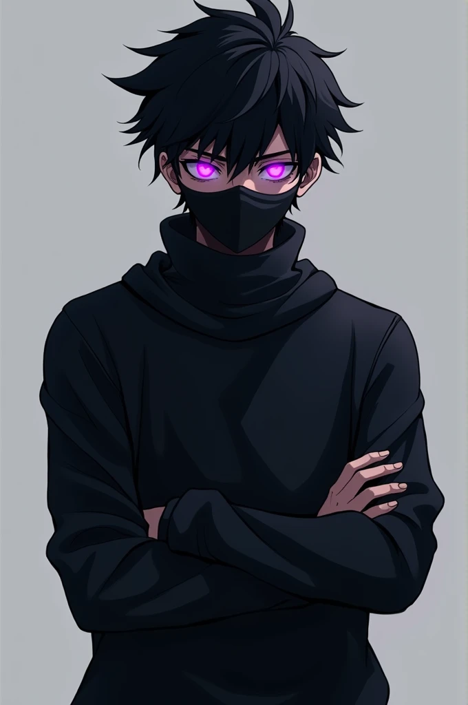 19 year old boy with purple glowing eyes and slightly spiky hair with an evil and intimidating look with a black sweatshirt and a black mask covering his nose and mouth , with arms crossed, 2D Anime .