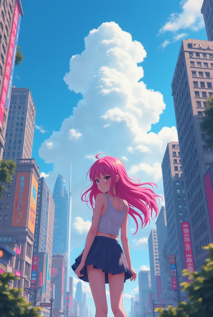 Anime girl in a city with an urban landscape background