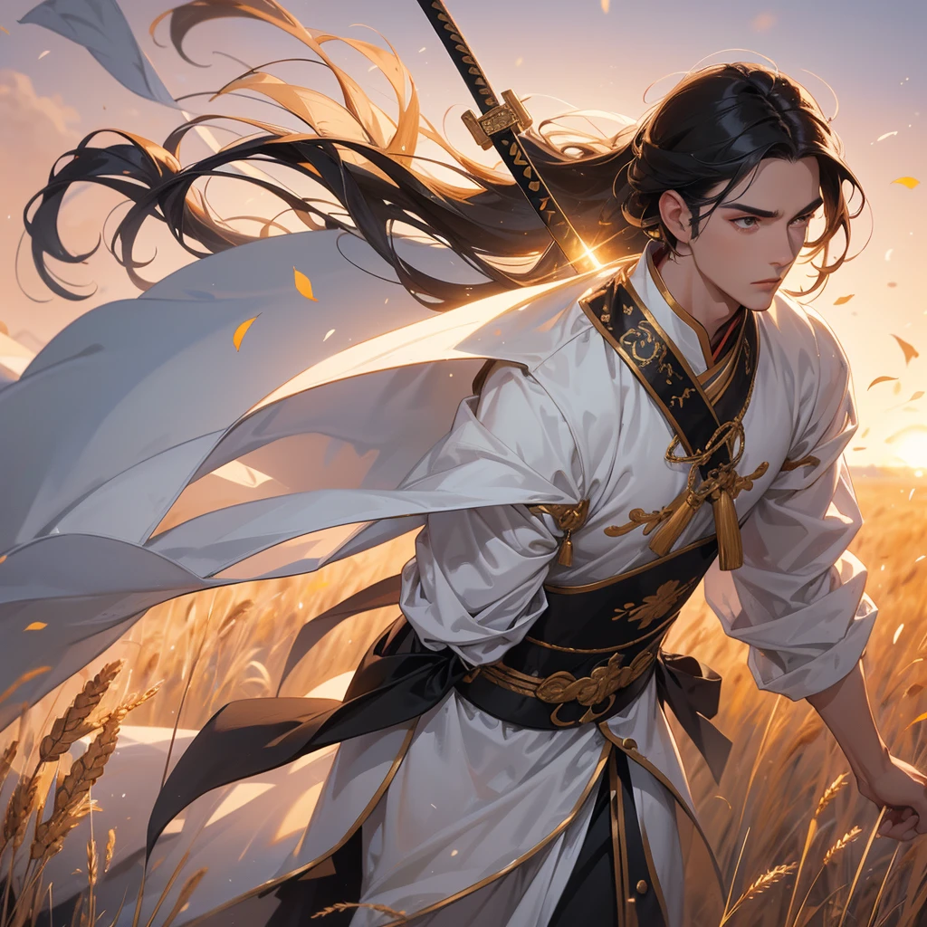 Handsome black-haired male general holding a large sword in white ancient Chinese costume, Standing in the middle of wheat field, sunset, close up.