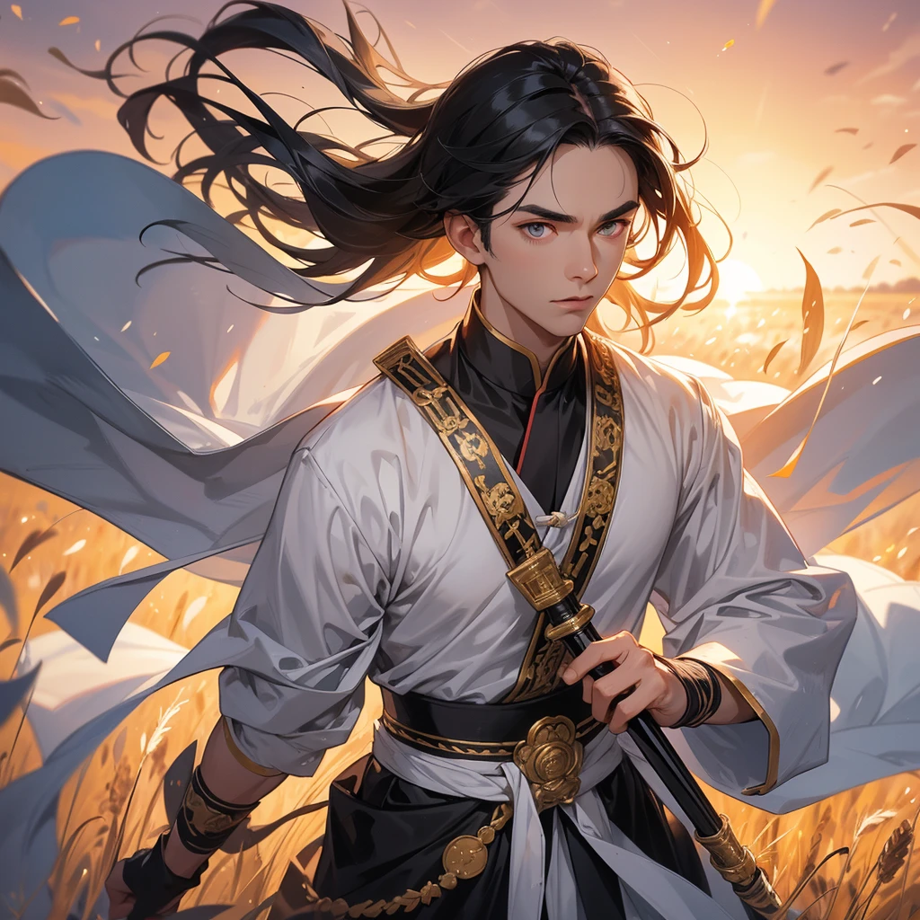 Handsome black-haired male general holding a large sword in white ancient Chinese costume, Standing in the middle of wheat field, sunset, close up.