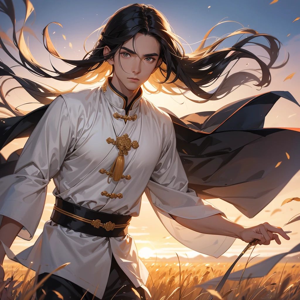 Handsome black-haired male general holding a large sword in white ancient Chinese costume, Standing in the middle of wheat field, sunset, close up.