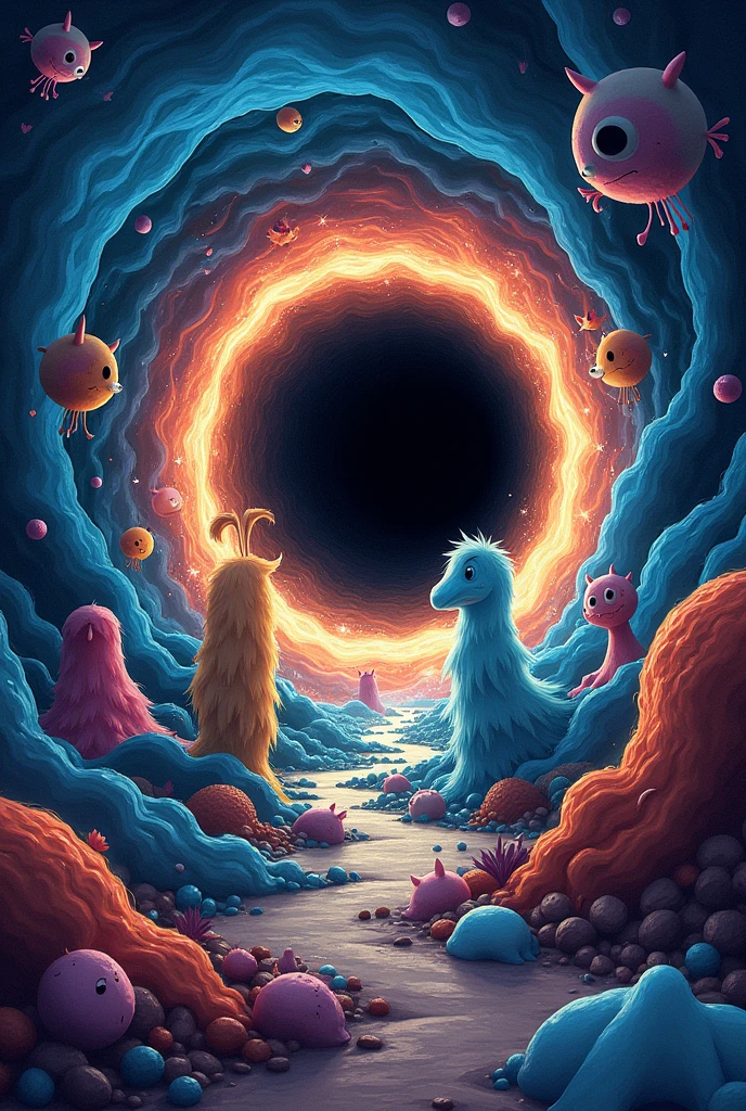 A fantasy-themed black hole swirling with energy, drawing in characters, designed specifically for clipping mask usage. The image should be in A3 size, focusing on a dynamic, captivating black hole that appears to pull in various whimsical characters. The style should be vibrant and imaginative, with a sense of depth and motion, suitable for a 3D text poster background.