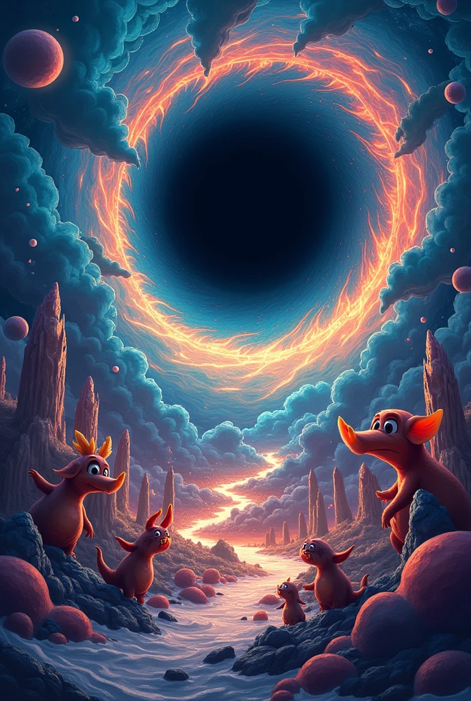 A fantasy-themed black hole swirling with energy, drawing in characters, designed specifically for clipping mask usage. The image should be in A3 size, focusing on a dynamic, captivating black hole that appears to pull in various whimsical characters. The style should be vibrant and imaginative, with a sense of depth and motion, suitable for a 3D text poster background.