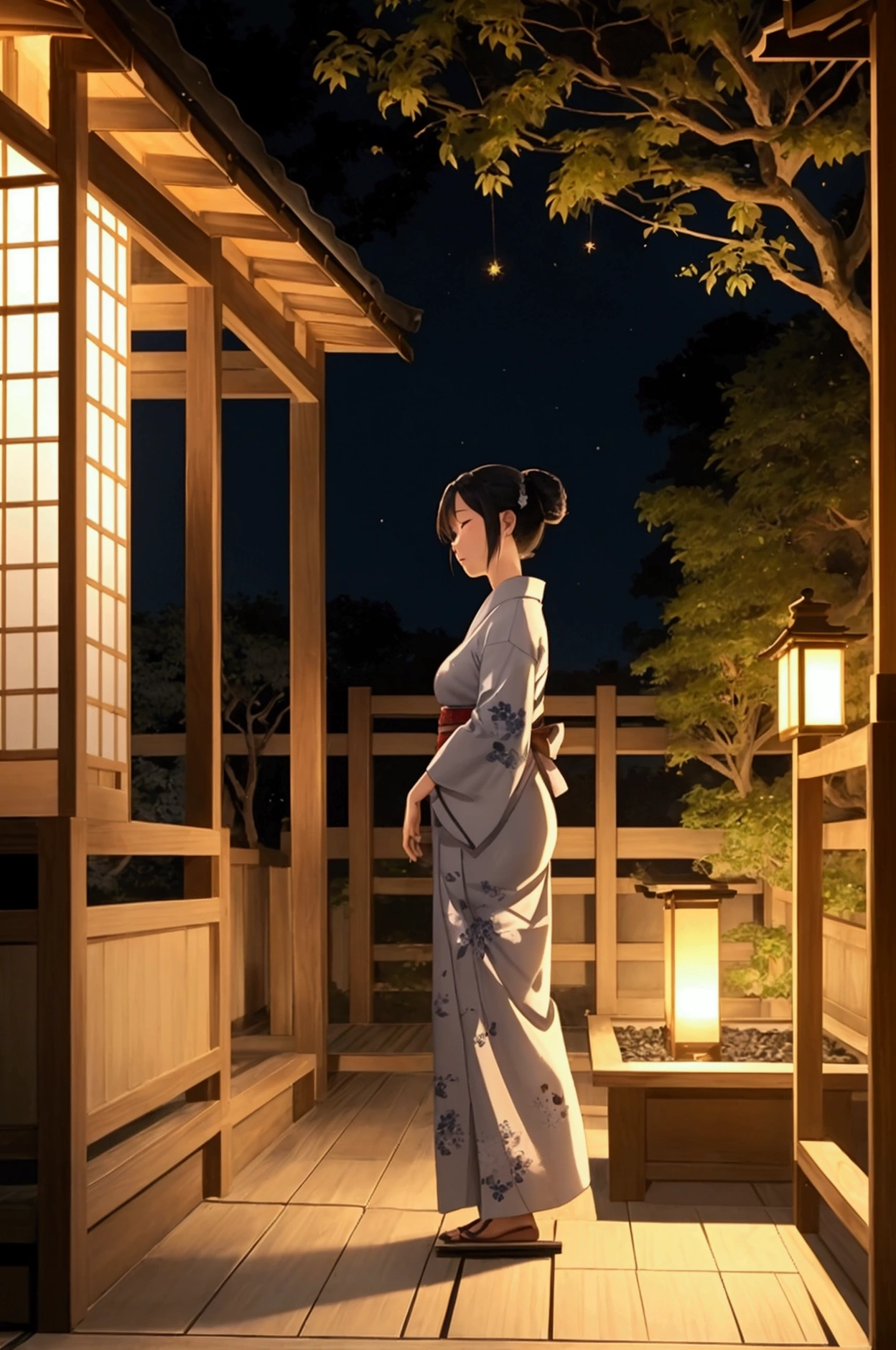 “A tranquil nighttime scene set in the garden of a traditional Japanese house. The garden is softly illuminated by the moonlight, with shadows cast by carefully pruned trees and stone lanterns. A wooden engawa (veranda) runs along the side of the house, leading to the garden. A Japanese woman in a delicate yukata stands alone in the garden, holding a small sparkler. The sparkler’s gentle light illuminates her face and the immediate surroundings. The scene captures a serene, almost nostalgic atmosphere, with the sound of cicadas faintly in the background.”