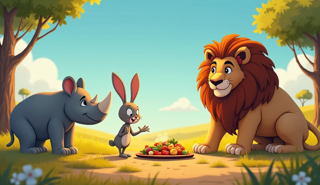 The rabbit told everyone that they should bring the lion a special meal that he would really enjoy and make him happy.a rhinoceros, an elephant