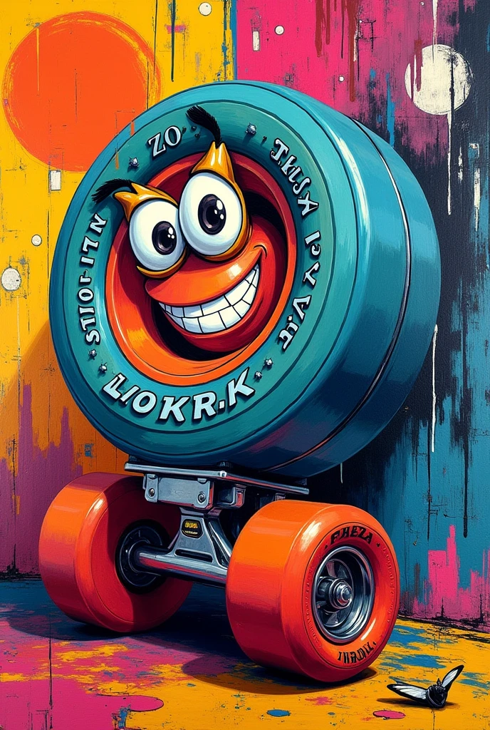 I want a pop art style painting with a personified skate wheel as the main character 