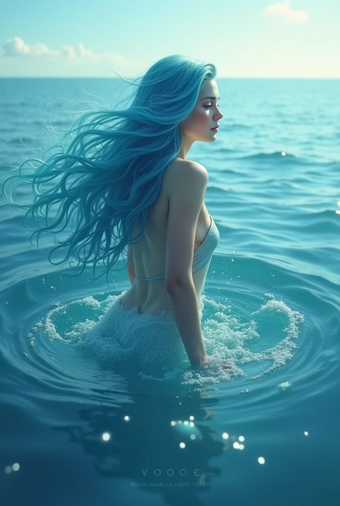 sea background, with,blue would be with long wavy hair and light brown