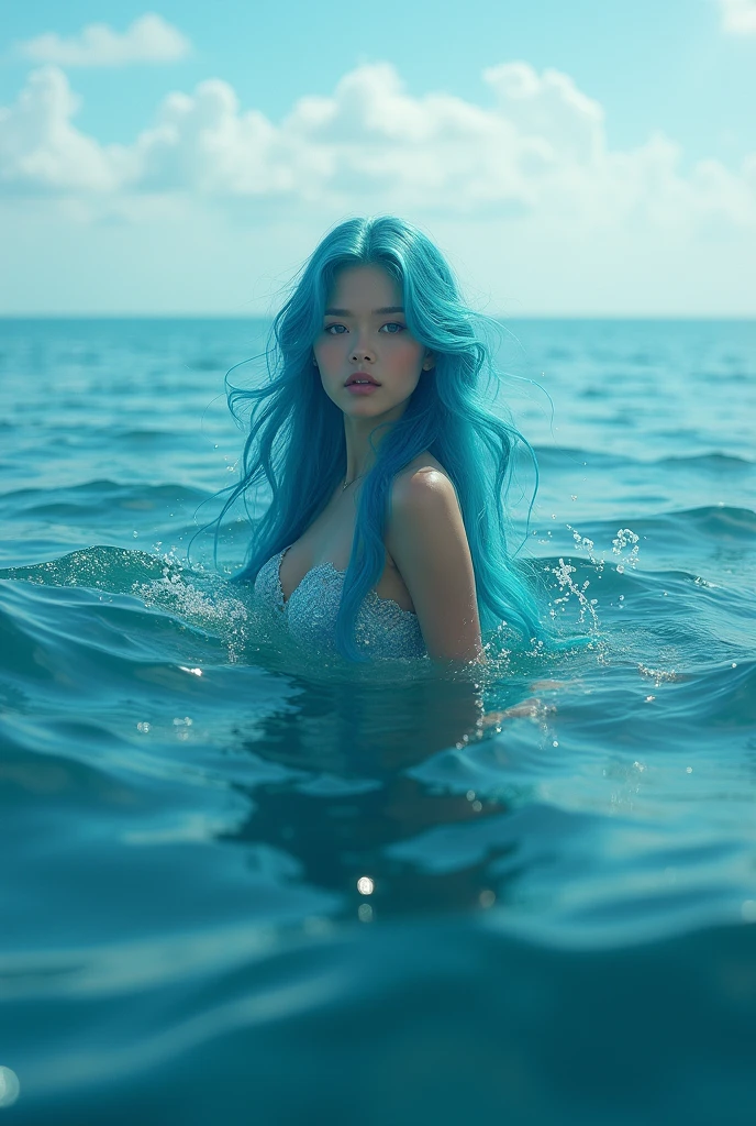 sea background, with，blue would be with long wavy hair and light brown