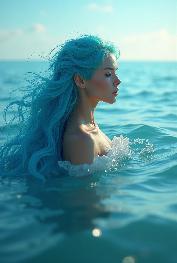 sea background, with，blue would be with long wavy hair and light brown
