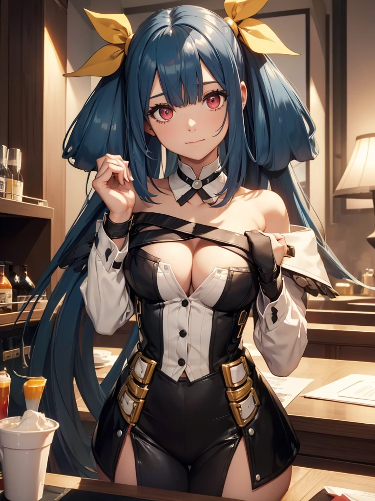 (masterpiece、top-quality、hight resolution、Unity 8k、extremely details CG:1,Best Picture), ggdizzy, hair ribbon, The sex worker greets the customer with a polite, professional smile. Her expression, voice, and actions are flawless, displaying perfect customer service. her eyes are lifeless, devoid of any vitality, revealing the inner strain she endures, hotel room, empty eyes