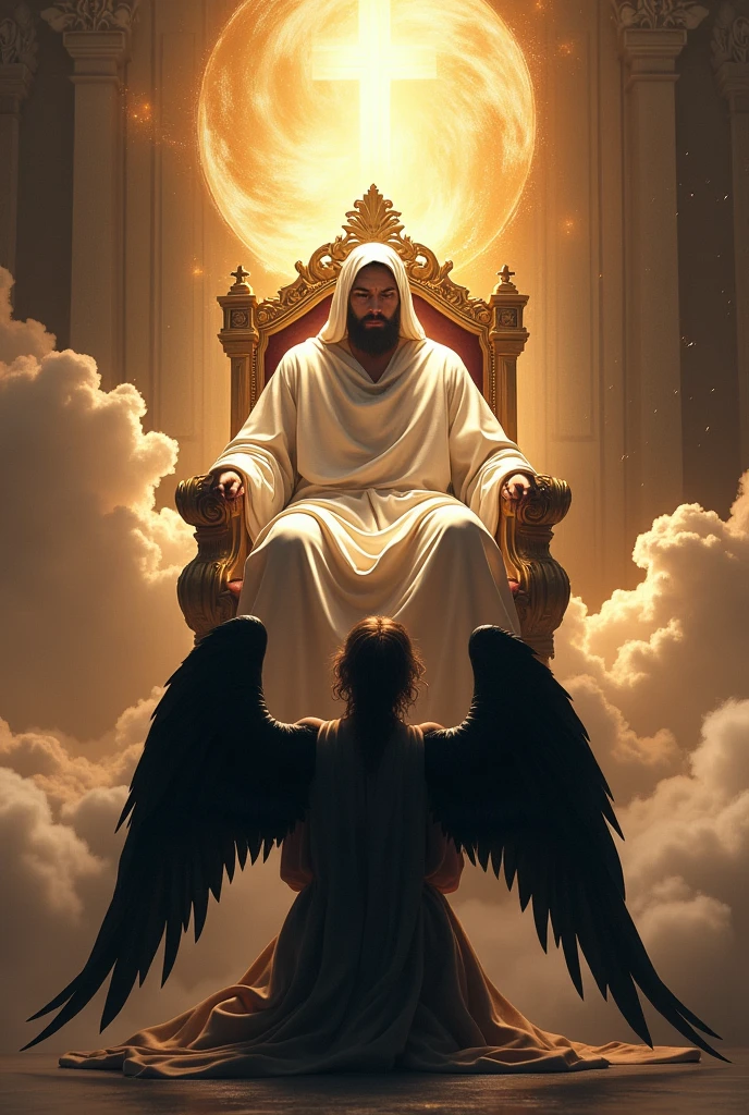 GOD on a throne with a BLACK ANGEL kneeling beside him, AT YOUR FEET