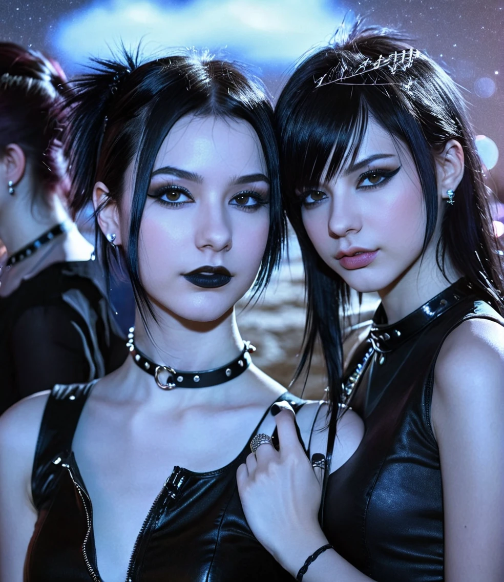 two pretty gothic punk girls at a rock party with night sky, BDSM collar, lean and slender bodies, straight black hair down to the shoulders, shoulders outside, Caucasian skin, black dark brown eyes, beautiful and young face, photo realist, professional photograpy, perfect contours, majestic and elegant women, best qualityer, hight contrast, high saturation, High- sharpness, Ablaze