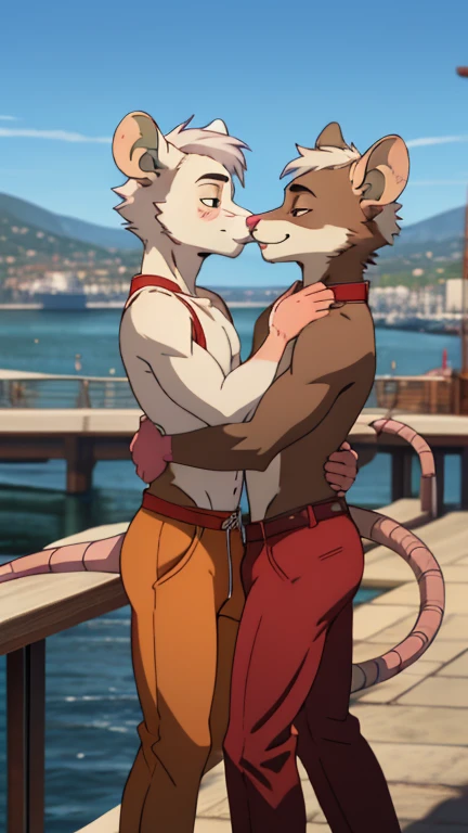 boy being forced lifted by a pooltoy and with chains on his wrist and locked on the holders of the pooltoy, the pooltoy being a snow leopard