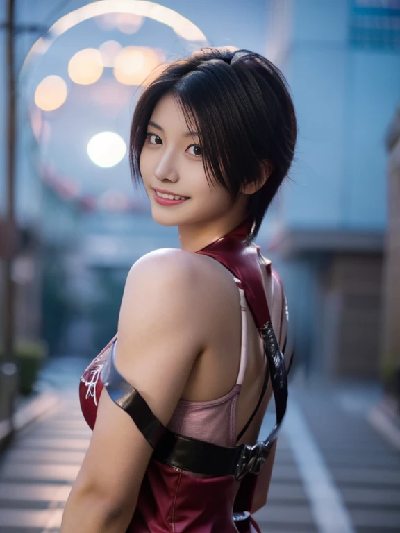 20 year old Japanese beauty，One woman、Muscular body like a bodybuilder、Emphasize the breasts、Slit eyes、A head-to-toe view，Bust is very very large、Full moon night in the background、High quality photos、Clear, crisp images of the lower body、Masterpiece 8k、Smiling、Throwing a shuriken with the right hand、From the front, from the side, from the back, etc.々from what camera angle to shoot、A ninja costume of purplish-red color、semen