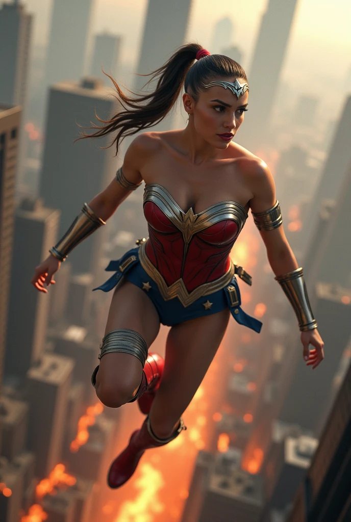 A beautiful woman with a ponytail sticking out of her completely shaved head wearing a red and blue leather jumpsuit, the Amazon warrior Wonder Woman costume. (((Red and blue leather jumpsuit)))Silver colored diaema with a star on her forehead silver colored bracelets red leather boots long to her knees flying over an apocalyptic city skyscrapers on fire