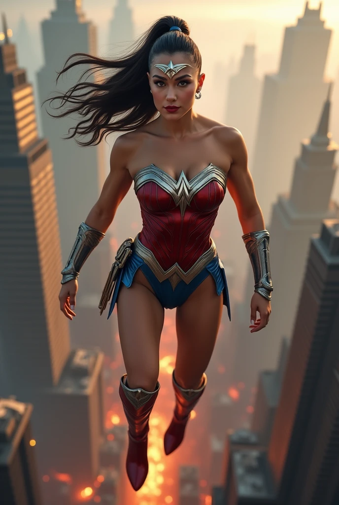 A beautiful woman with a ponytail sticking out of her completely shaved head wearing a red and blue leather jumpsuit, the Amazon warrior Wonder Woman costume. (((Red and blue leather jumpsuit)))Silver colored diaema with a star on her forehead silver colored bracelets red leather boots long to her knees flying over an apocalyptic city skyscrapers on fire
