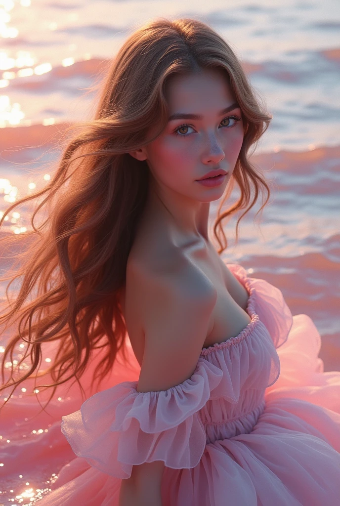 sea background, with pink would be with long wavy hair and light brown,crown on head