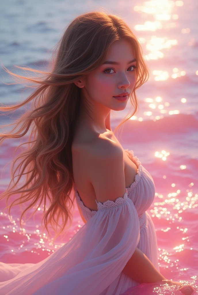 sea background, with pink would be with long wavy hair and light brown