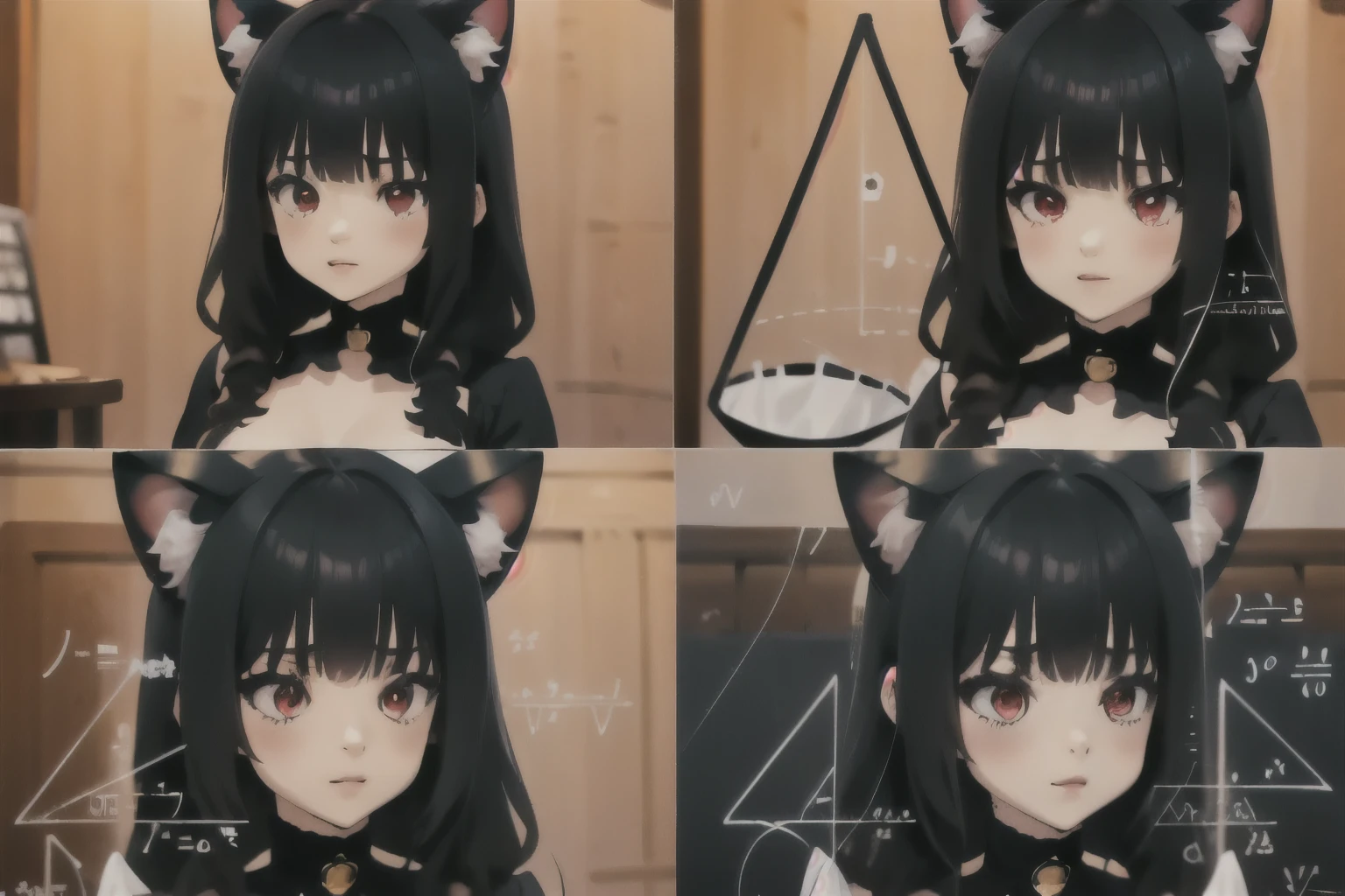 Highly detailed, High Quality, Masterpiece, beautiful, 1girl junkotvv, black hair, red eyes, cat ears, MathLadyMeme, Black_outfit,