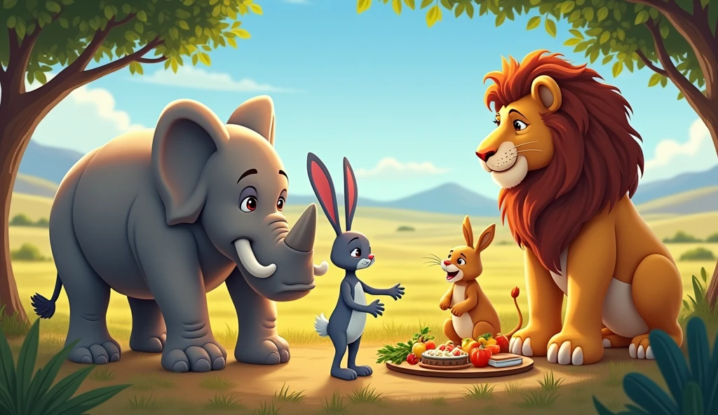 The rabbit told everyone that they should bring the lion a special meal that he would really enjoy and make him happy.a rhinoceros, an elephant