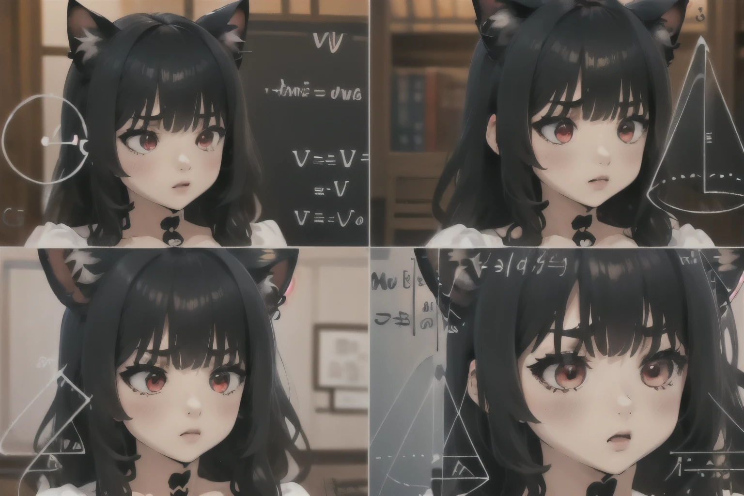 Highly detailed, High Quality, Masterpiece, beautiful, 1girl junkotvv, black hair, red eyes, cat ears, MathLadyMeme, Black_outfit,
