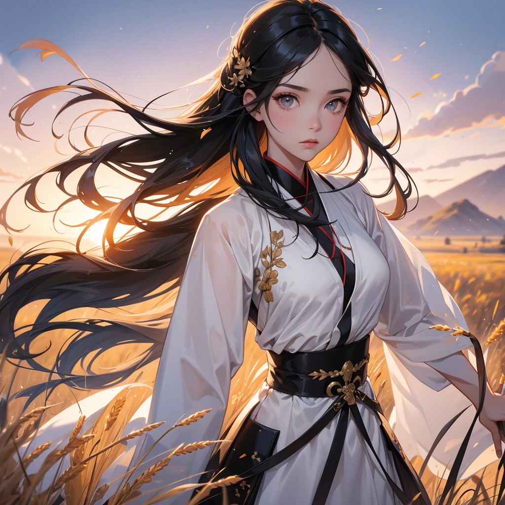 beautiful woman black-haired male general holding a large sword in white hanfu dress, Standing in the middle of wheat field, sunset, close up.