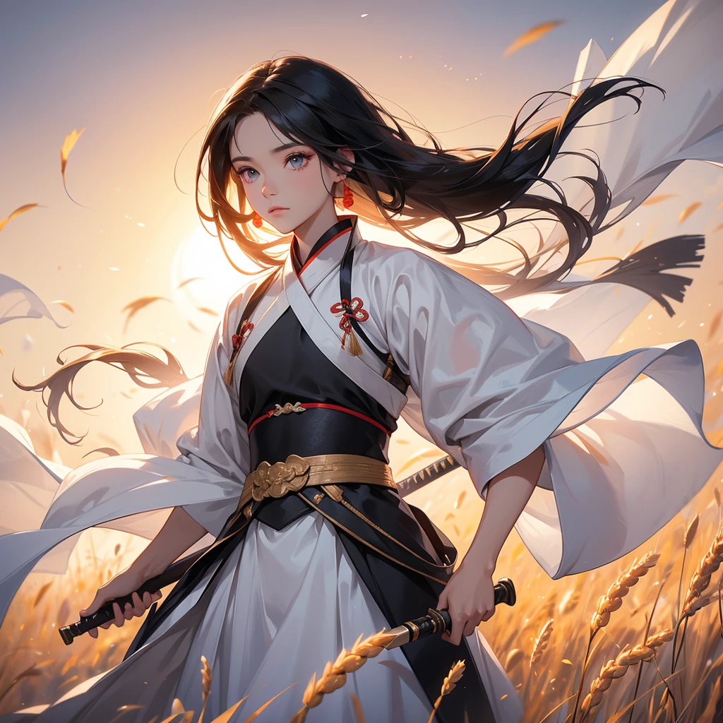 beautiful woman black-haired male general holding a large sword in white hanfu dress, Standing in the middle of wheat field, sunset, close up.