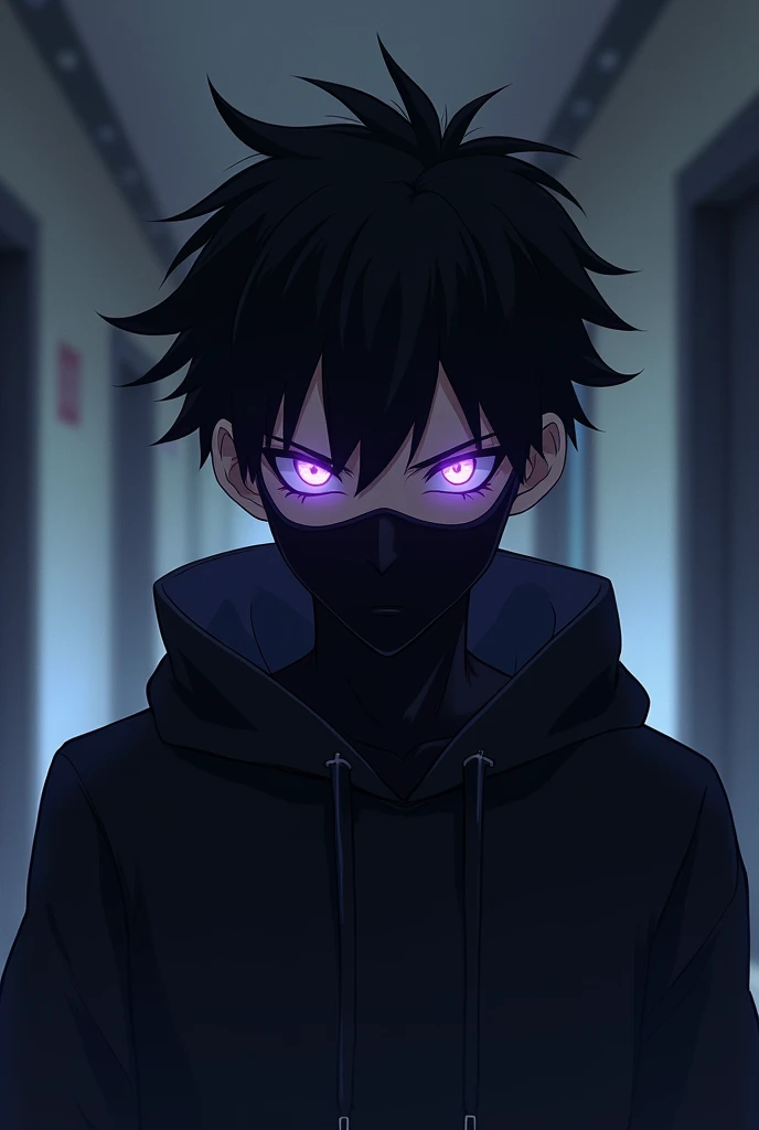 19 year old boy with purple glowing eyes and slightly spiky hair with an evil and intimidating look with a black sweatshirt and a black mask covering his nose and mouth , fixing my hair, 2D Anime .