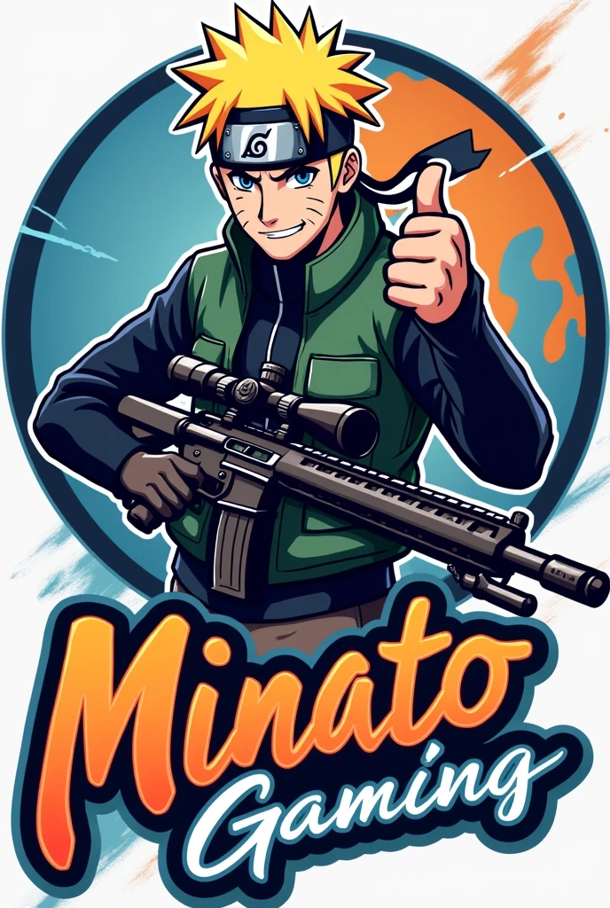 The logo features Minato Namikaze in a dynamic pose, holding an AWM sniper rifle and giving a thumbs up. The text "Minato Gaming" is written in a stylized, cursive font next to him, with a subtle ninja headband incorporated into the design. The color scheme is a mix of blue and orange, evoking a sense of energy and playfulness. background should have dynamic colors