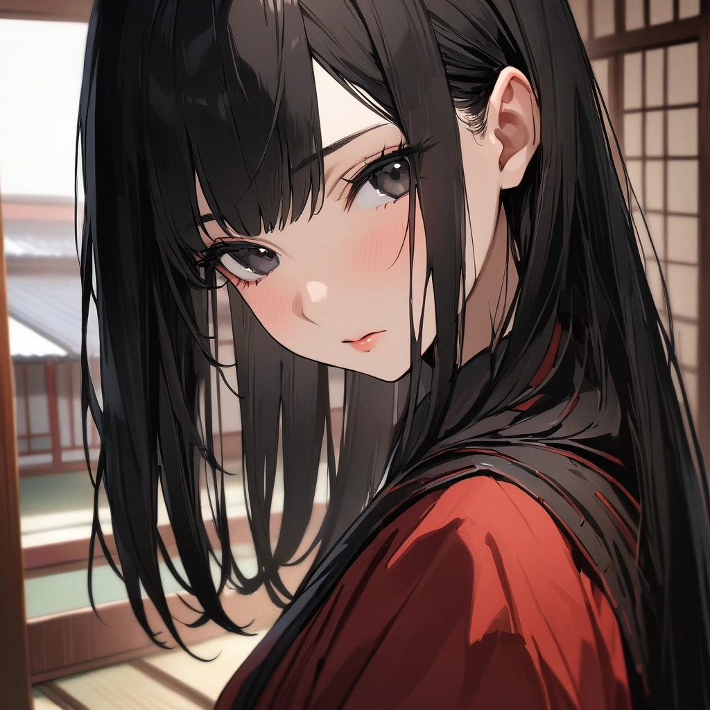 (female): solo, (perfect face), (detailed outfit), (30 years old), plain expression, black hair, straight hair, black eyes, (face close up), red yukata under black coat, indoor, japanese house , (masterpiece), (best quality), (sharp focus), (depth of field), (high res)