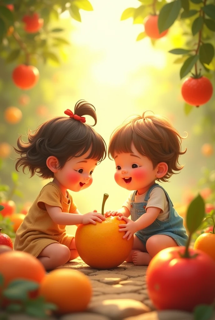 Children eating fruits animated with tender touch