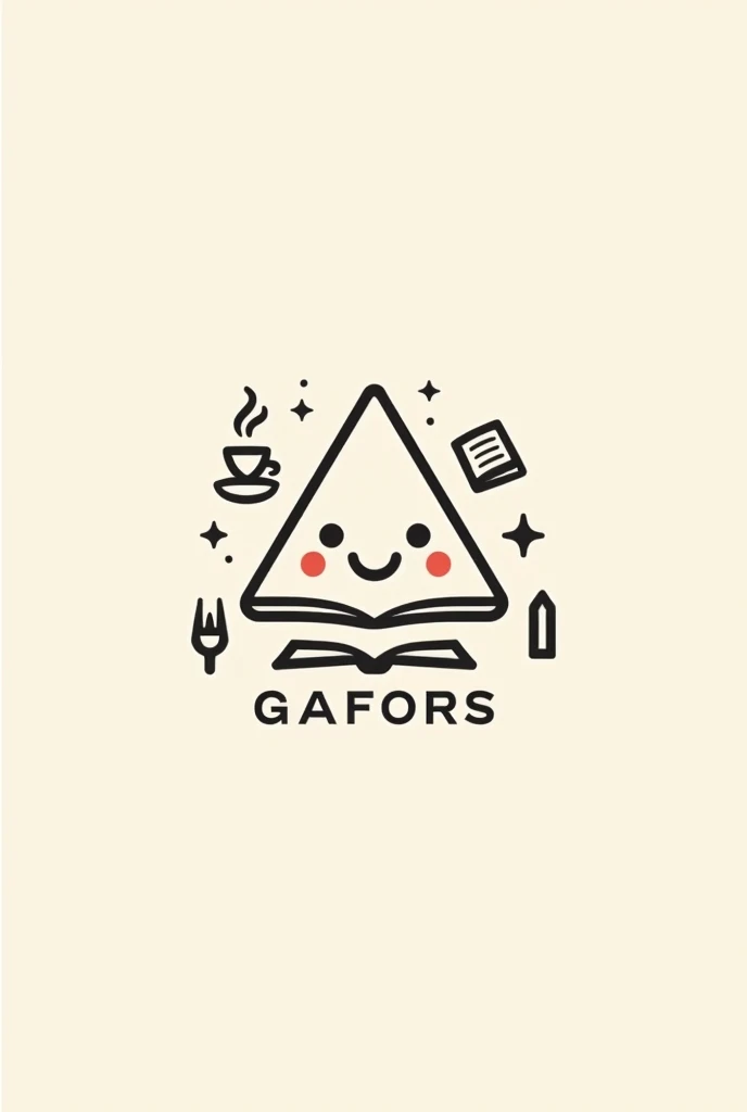 Create a minimalist logo for a cafe & bistro. that makes a triangle happy, books, café, and a fork.
