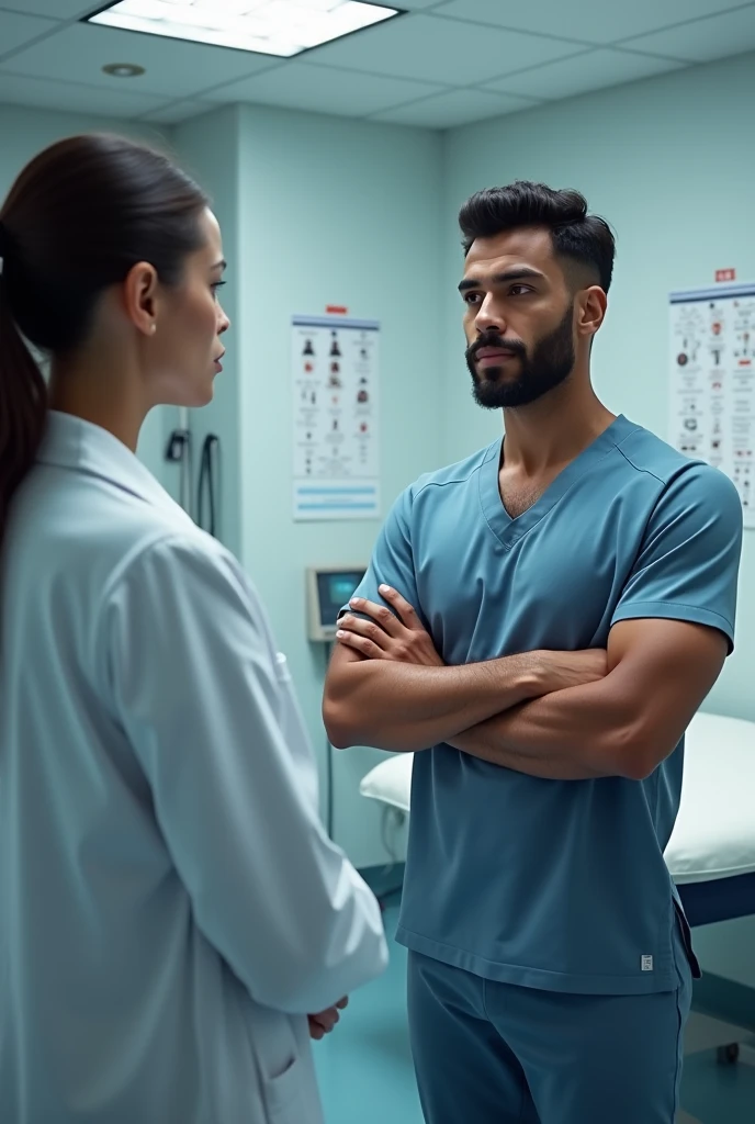 Two mixed-race men in their underwear being examined by a female doctor.