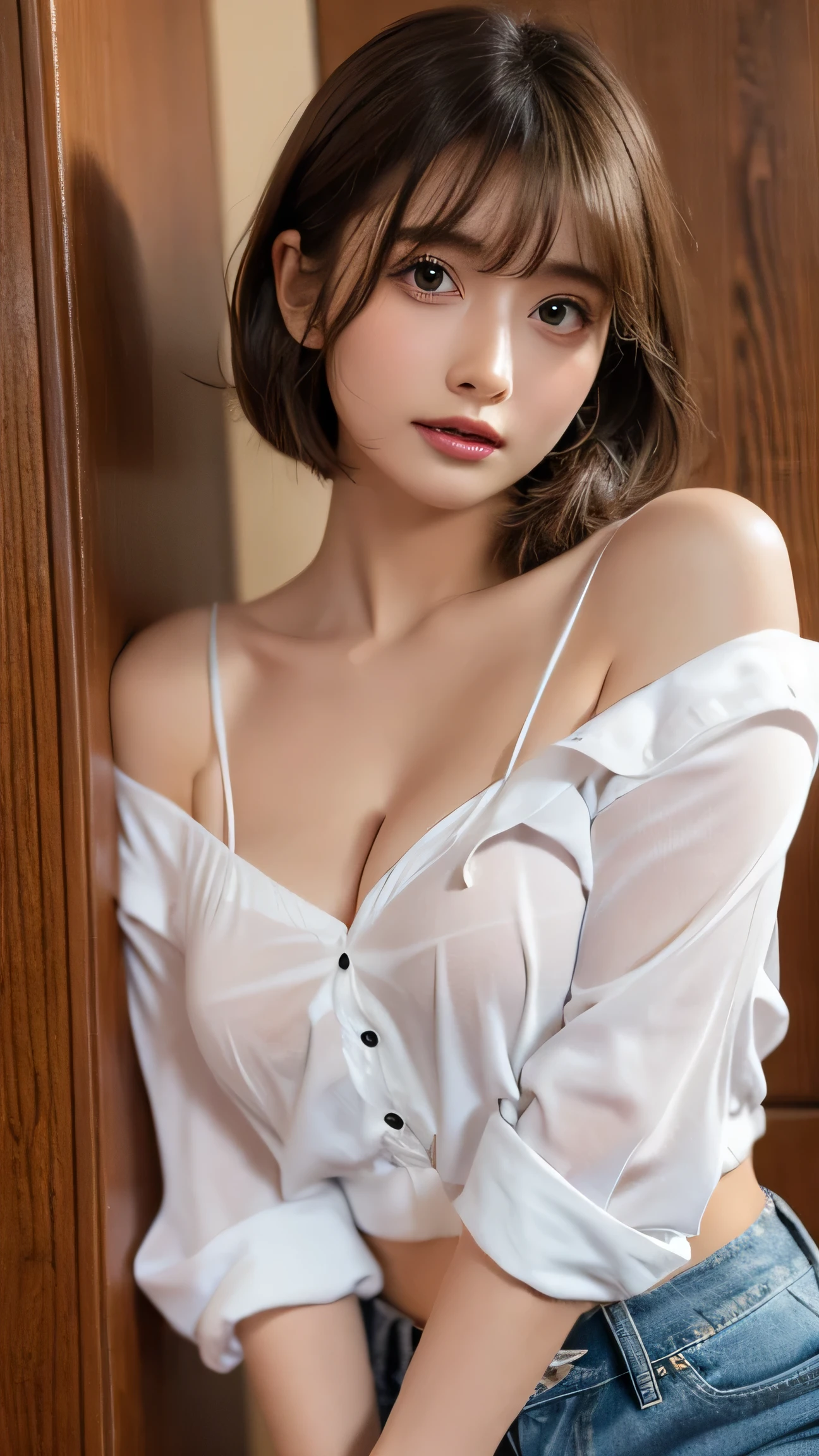 Ultra-high resolution, Superior Quality, Highest quality, Very detailed, Realistic, 8k, RAW Photos, Highest quality, masterpiece, Charm, wonderful, Black short hair, Shoulder-length layers, Asymmetrical bangs, Japanese Idols, Sophisticated, stylish, Sheer shirt:1.0,Low rise denim