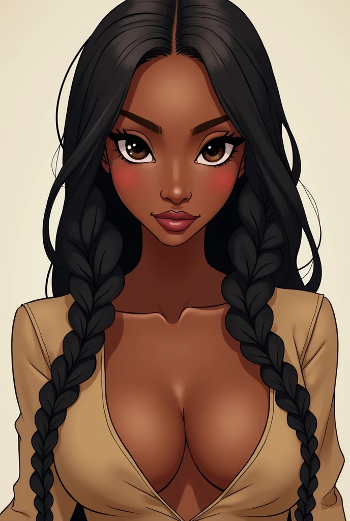 a realistic cartoon character, black woman, slim, with big breasts, with a low-cut blouse, with long straight braided hair