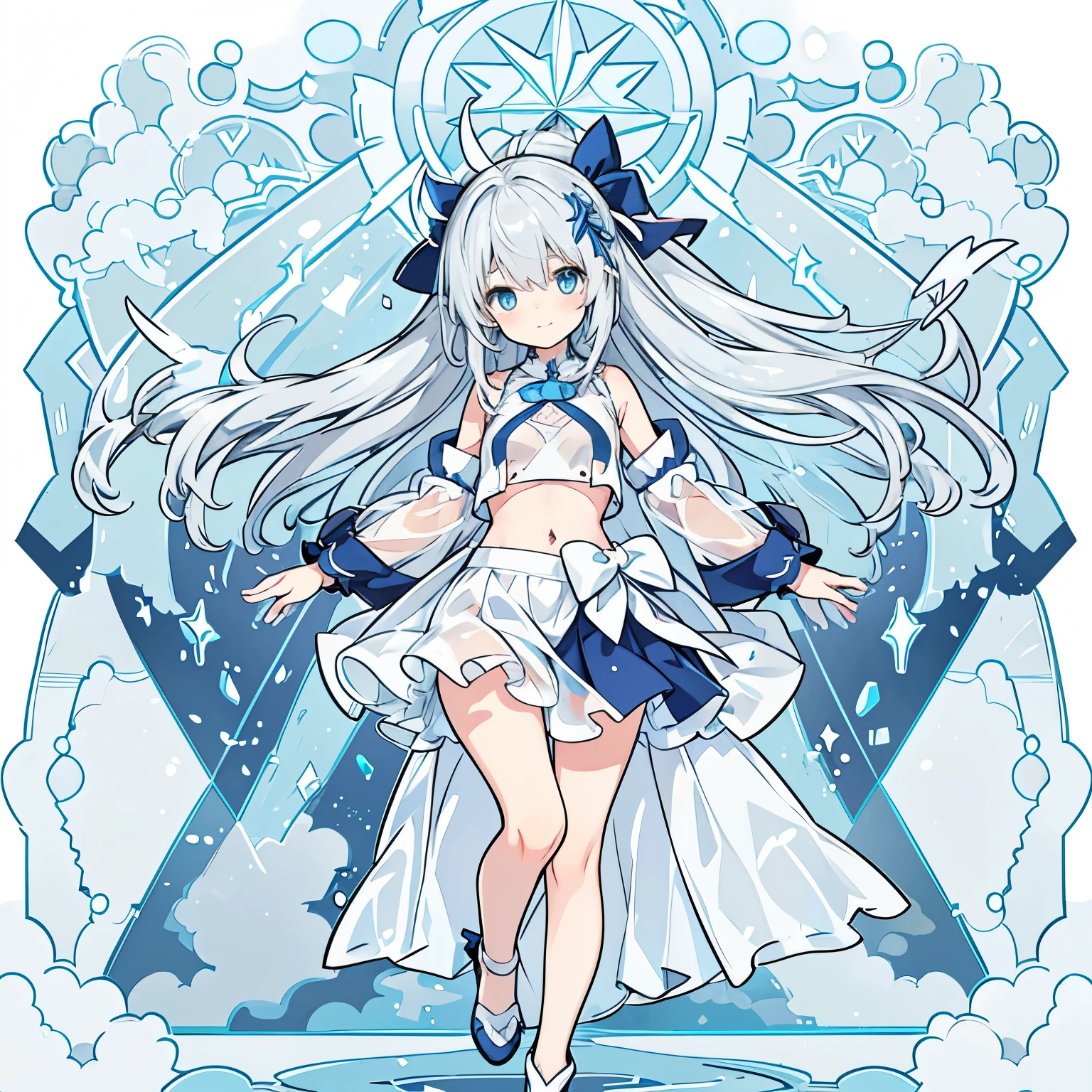 One person 小さいBody長 低Body長 Baby Face cute Light gray hair Long Hair Blue colored eyes Magical girl witch Body 全Body shoes Big Tits Big Breasts Sheer clothing Embarrassed A little smile a shirt with a triangular hole in the stomach Transparent hair A long, transparent skirt that is hidden at the front Transparent ribbon