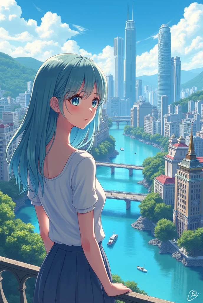 Anime girl in a city with a river landscape in the background