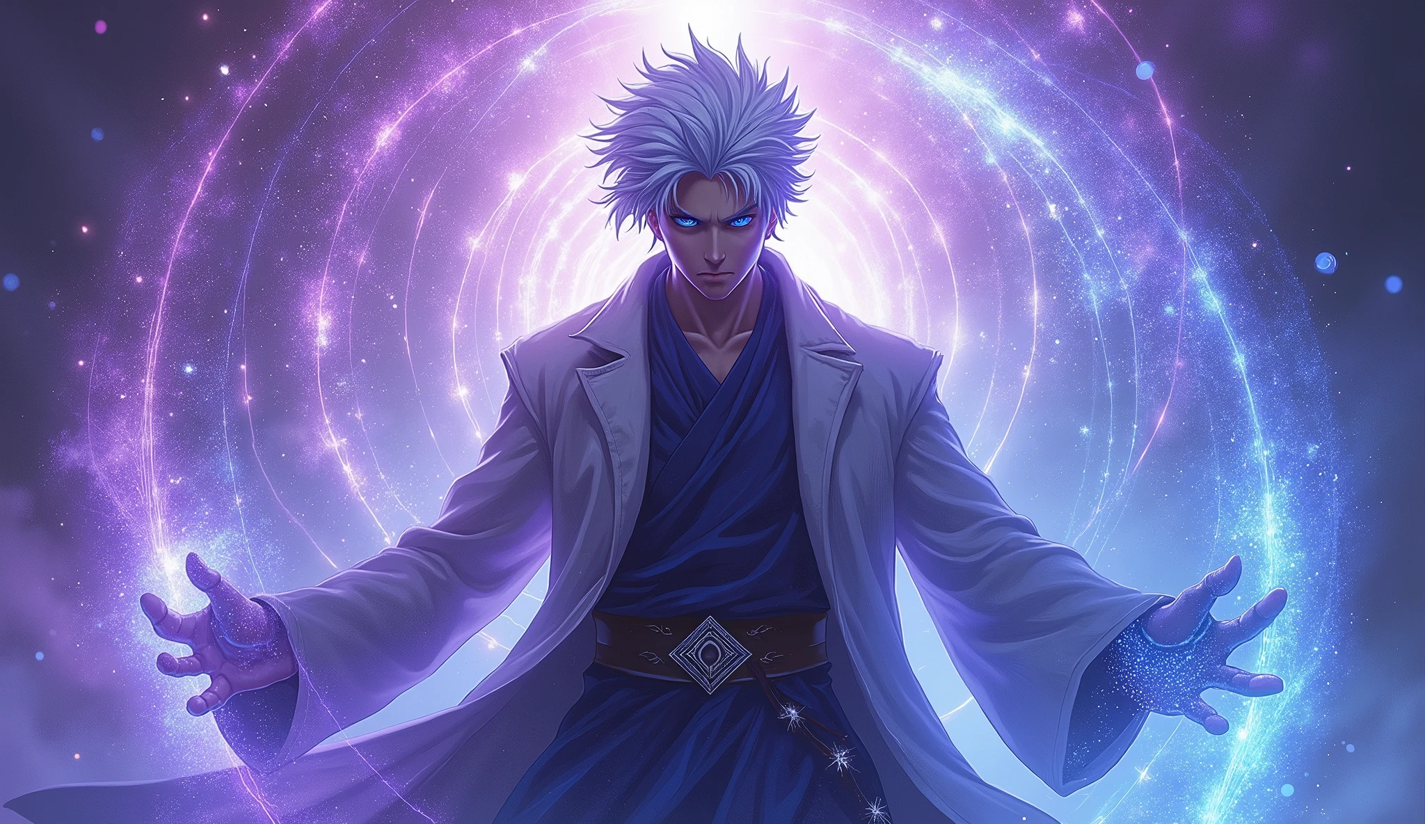 (photorealism:1.2) Gojo satoru doing his domain expansion and background with mix of purple and blue void