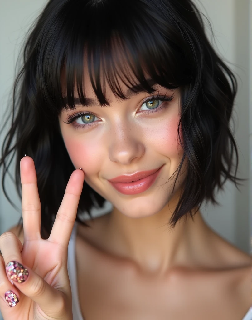RAW photo, best quality, masterpiece, photorealistic, Polish girl, 20 years old, black hair, short bob cut, hair in 7 thirds, hair over one ear, Symmetrical eyes, solo, Detailed Skin, Detailed face, Big Breasts, rip gloss, blush, Eyes closed, sideways peace sign, smiling, inside a beauty salon, wet hair, close-up of face, summer clothes, gel nails