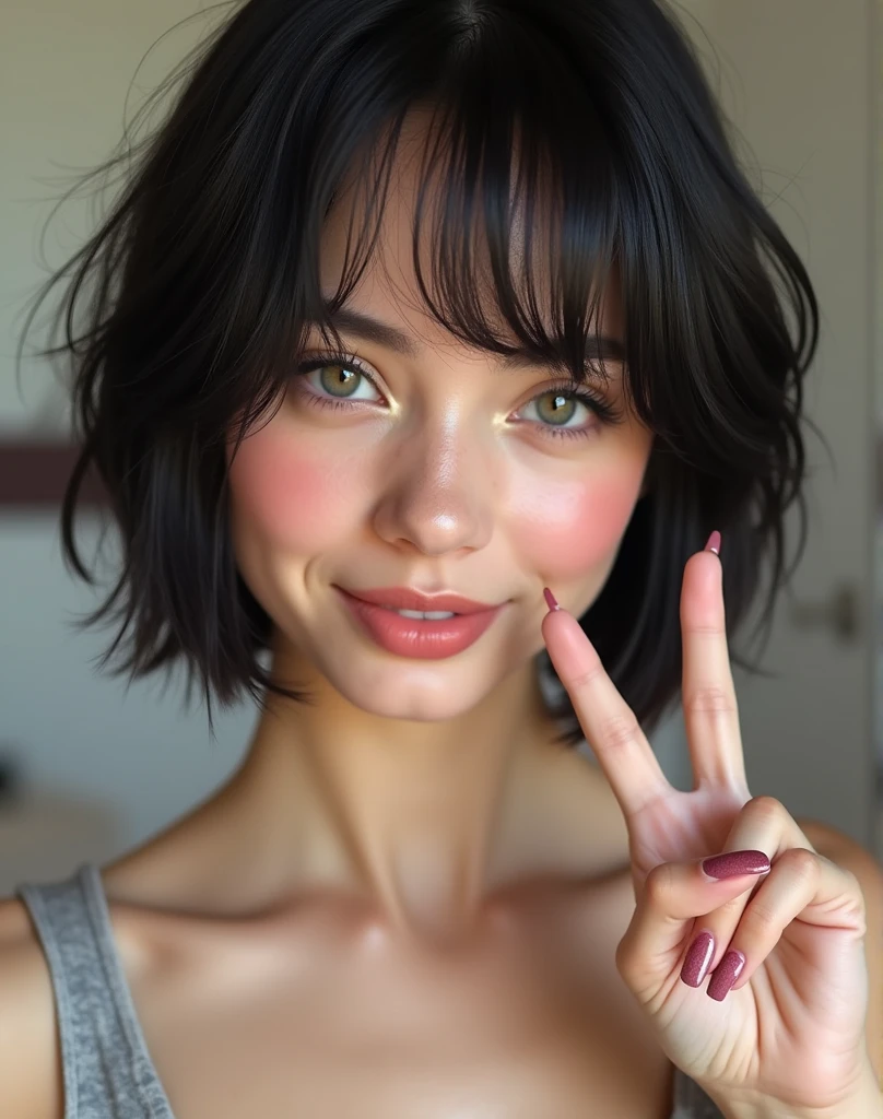RAW photo, best quality, masterpiece, photorealistic, Polish girl, 20 years old, black hair, short bob cut, hair in 7 thirds, hair over one ear, Symmetrical eyes, solo, Detailed Skin, Detailed face, Big Breasts, rip gloss, blush, Eyes closed, sideways peace sign, smiling, inside a beauty salon, wet hair, close-up of face, summer clothes, gel nails