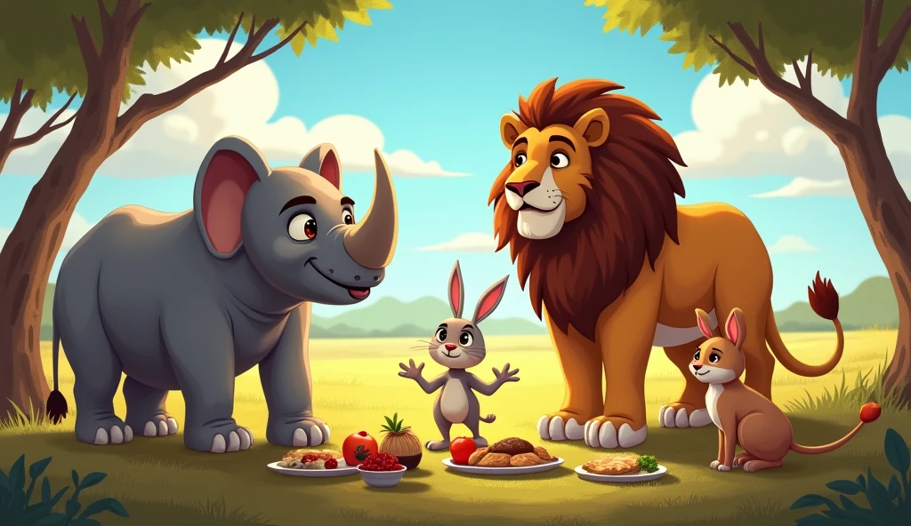 The rabbit told everyone that they should bring the lion a special meal that he would really enjoy and make him happy.a rhinoceros, an elephant
