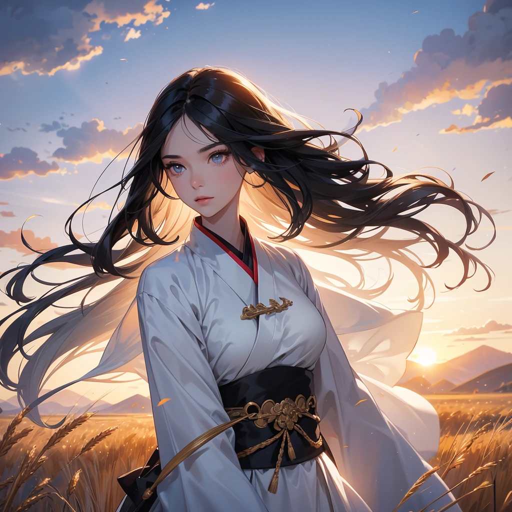 beautiful woman black-haired male general holding a large sword in white hanfu dress, Standing in the middle of wheat field, sunset, close up. behind which are mountains, there are low clouds floating in the blue sky.