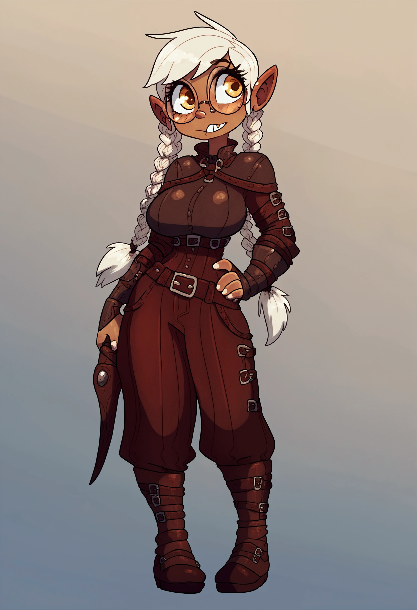 score_9, score_8_up, score_7_up, score_6_up, score_5_up, score_4_up, source_cartoon, rating_safe, by Jack Cayless, score_9, (highres, high quality:1.1), 1girl, elf, big breasts, fantasy outfit, round glasses. buck teeth, white hair, double braids, golden eyes,