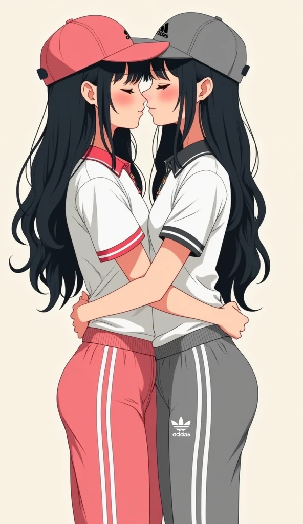 Two girls long black hairs, yuri

The first girl wear a white adidas polo shirt pink shirt collar pink sleeves, pink cap, pink adidas sweatpants with three white stripes, black underpants, medium white socks.

The second girl wore a white adidas polo shirt grey shirt collar grey sleeves, grey cap, grey adidas sweatpants with three white stripes, black underpants, medium white socks.

The hem of their adidas polo shirts was tucked into their sweatpants.

french kiss, lesbian kiss, hugging, sensual body, closed eyes, stand with legs crossed, novel cartoon, 4K, HD