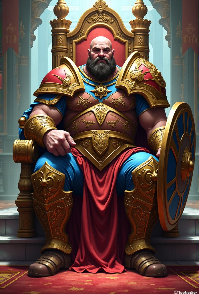 There's a drawing of a fat man, with a shield, character design contest winner, warrior character design, character design from d & d, d&d character commission, warrior dnd character, character concept de fantasia heroica, comic character design, d & d character design, colorful concept art, character concept de fantasia, dnd goliath character concept, character concept, sit on throne, Bulge,